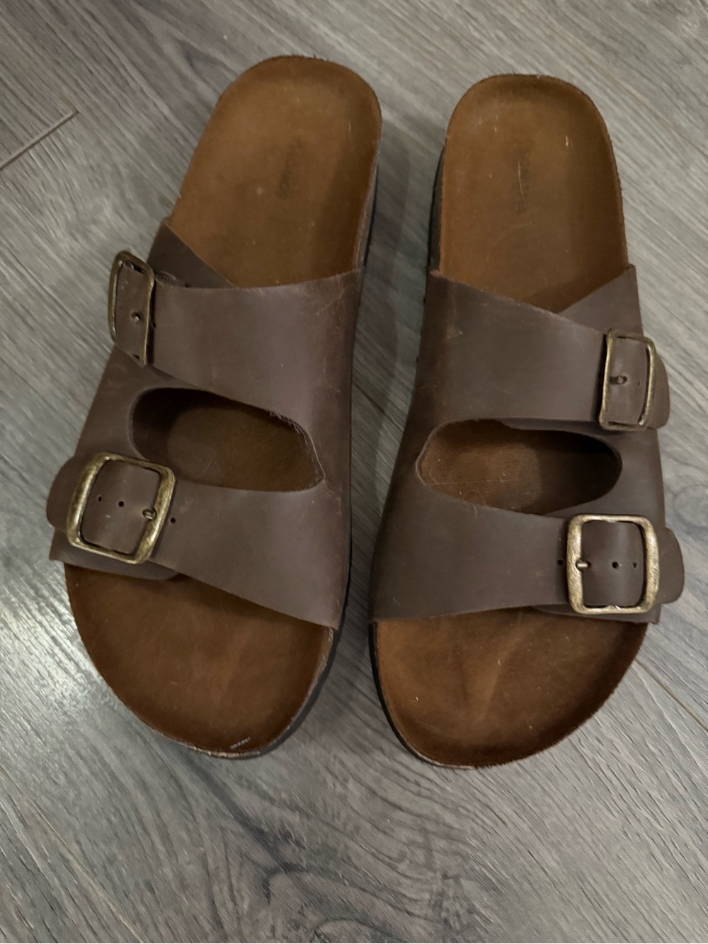 Sonoma Brown Double-Buckle Leather-Look Slide Sandals